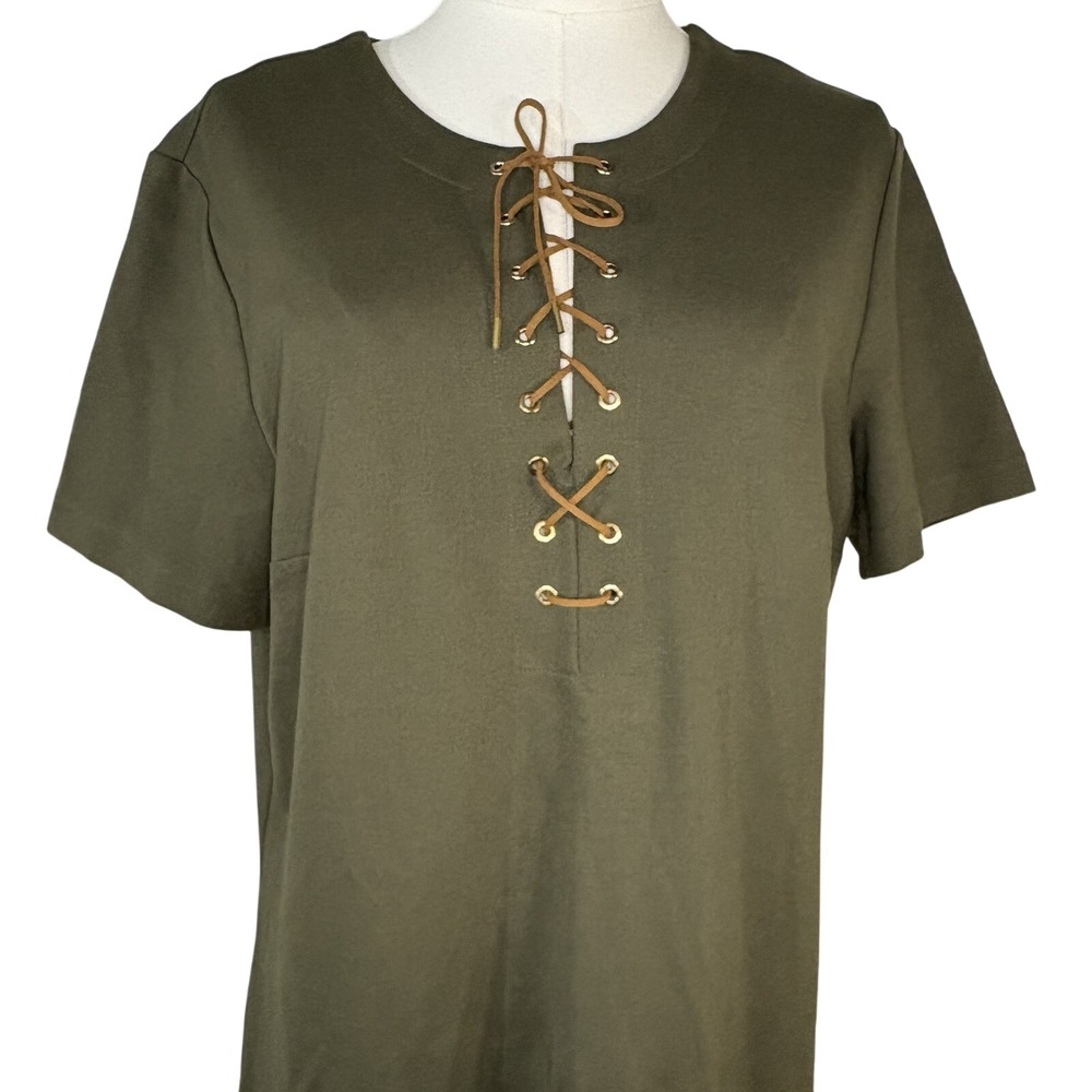 LAUREN RALPH LAUREN WOMENS DRESS SZ LARGE OLIVE SHORT SLEEVE LACE UP ACCENT - Picture 2 of 9